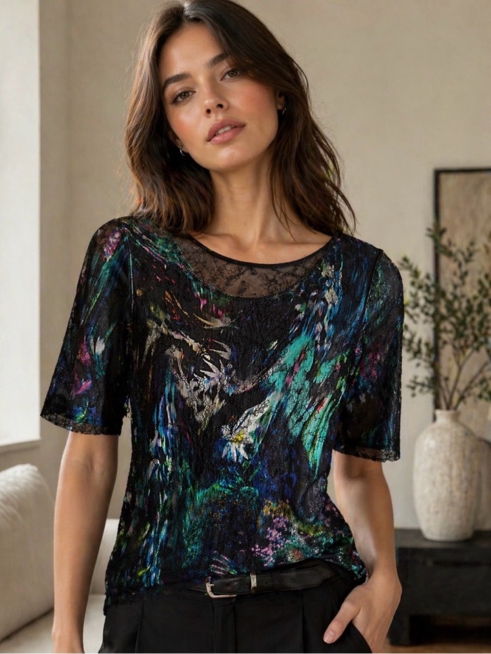 Marc Cain Women’s Black Abstract Floral Lace-Trim Tee